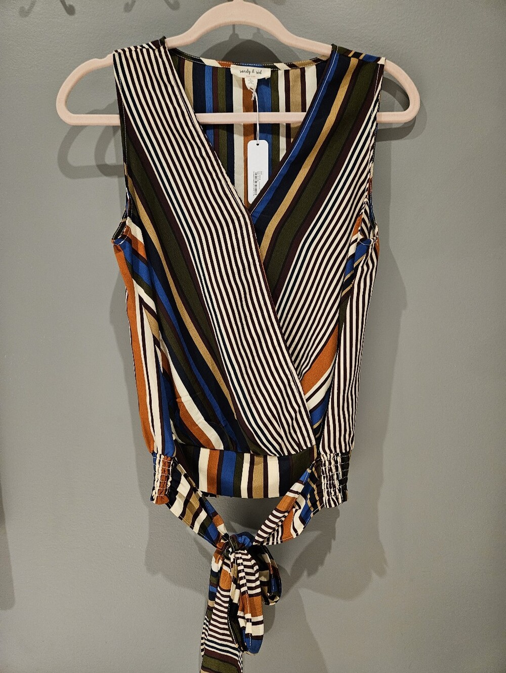 SANDY&SID NWT Surplice Tie-Front Striped SLEVELESS Shirt- Multi